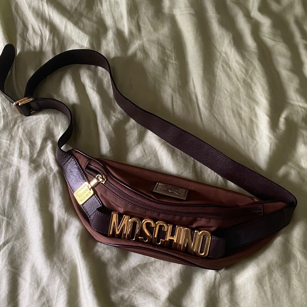 Vintage 90s Moschino Brown Belt Bag with Gold Logo Hardware fanny pack iconic